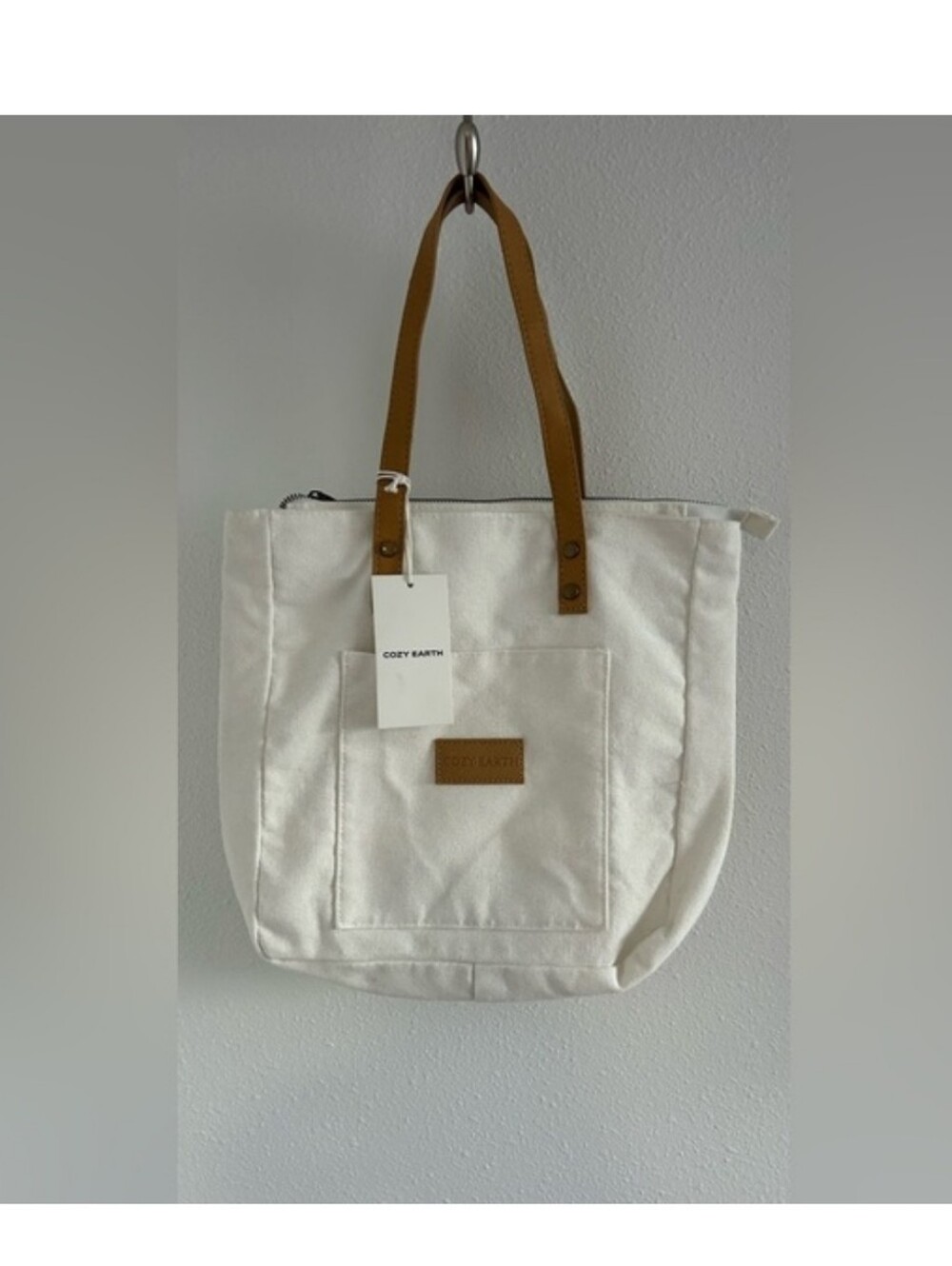 Cream Canvas Tote with Tan Leather Handles by COZY EARTH